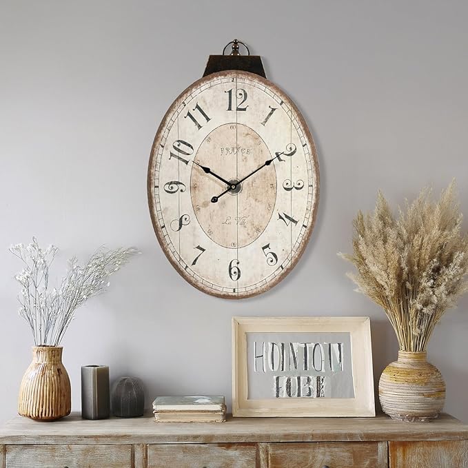 MODE HOME 29 Inch Oval Wall Clock for Living Room Decor, French Vintage Farmhouse Wall Clocks Decorative for Home, Large Wall Clock Battery Operated