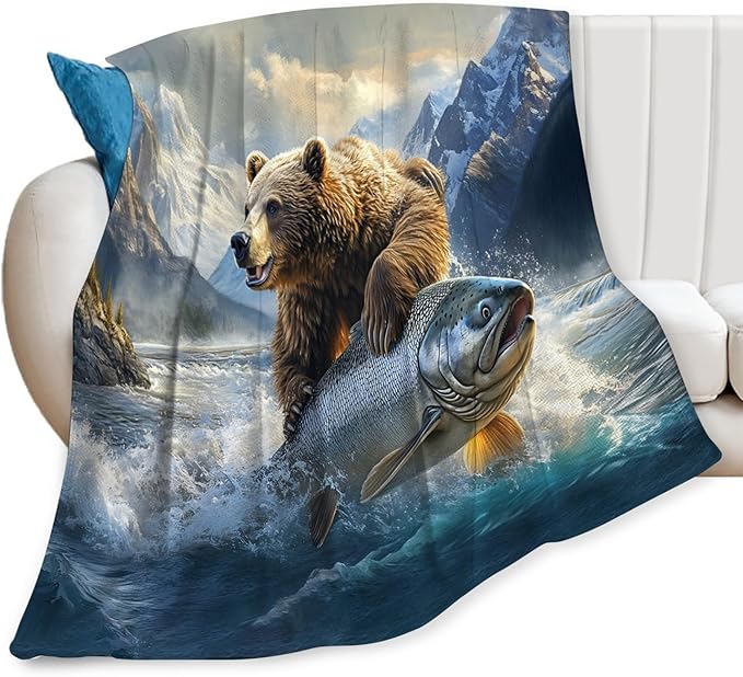 Tijuboni Bear Fish Throw Blanket Cabin Bear Gifts for Women Men Girls Boys Kids Adults Soft Flannel Fleece Blanket for Couch Sofa Bed Home Decor 50"x60"
