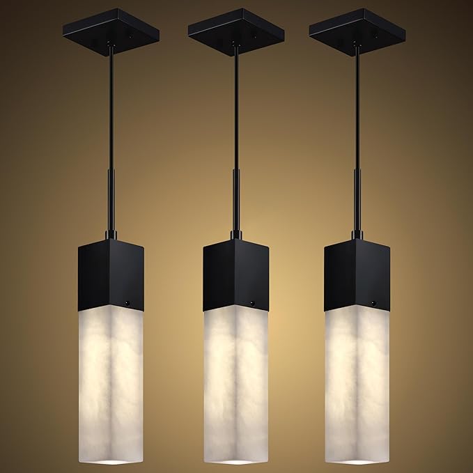 3 Pack 1 Light Hanging Kitchen Island Natural Alabaster Marble Pendant Ceiling Light Fixture,Modern Industrial Farmhouse Light Black Finish Over Sink Restaurant bar Corridor
