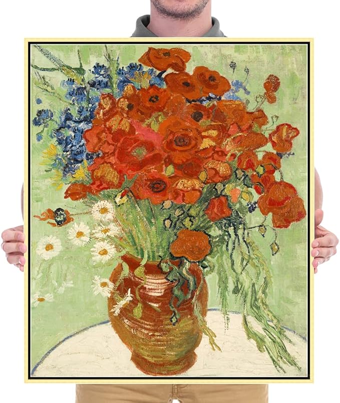 Wieco Art Framed Art Red Poppies and Daisies Canvas Prints Wall Art of Van Gogh Famous Floral Paintings Reproduction Abstract HD Classical Flowers Pictures Artwork