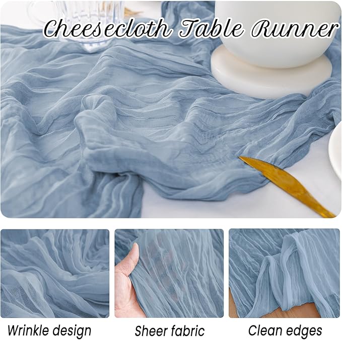 10 Pack Dusty Blue Cheesecloth Table Runner,10FT/120 Inch Boho Gauze Fabric Table Runner,Rustic Sheer Blue Cheese Cloth Runner Bulk for Wedding,Bridal Baby Shower,Birthday Party,Holiday Table Decor
