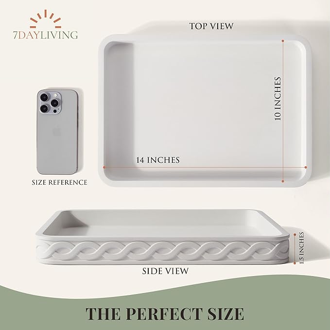 Decorative Tray for Coffee Table - 14” Cream White Concrete with Infinity Twist Design, Coffee Table Tray, Waterproof, Stain-Resistant, Durable, Tray Decor with Anti-Slip Pad, Multi-Use & Eco-Friendly