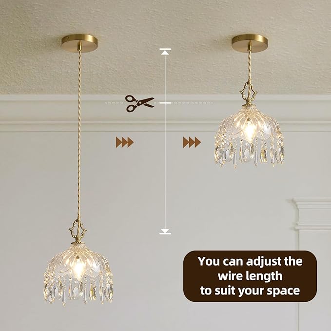 Vintage Small Crystal Pendant Light - Brass Gold Clear Glass Mini Adjustable Hanging Kitchen Island Chandelier - Unique Flower Art Deco for Bathroom Bar Bedroom Dining Room Hallway Closet Sink Over