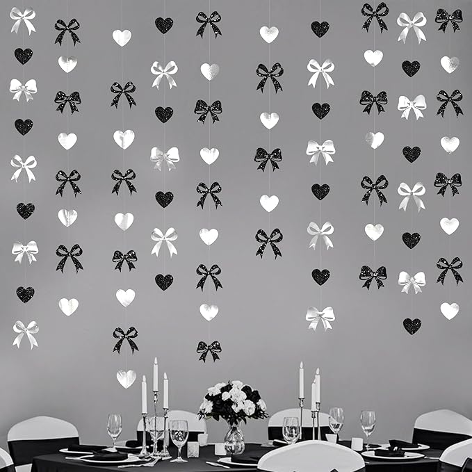 Bow Decorations Siver Black Metallic Glitter Paper Bow Heart Hanging Garland Streamer for Coquette Birthday Valentines Bachelorette Wedding Bridal Shower Anniversary Hen Party Decorations Supplies