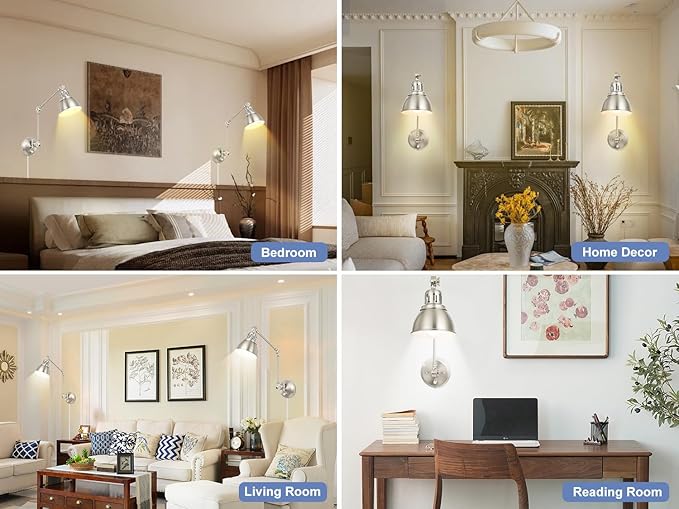 1 Pack Plug in Wall Sconce, Dimmable On Off Switch, Swing Arm Wall Lamp, Brushed Nickel Metal Industrial, Plug in Wall Light (Brushed Nickel, Without Bulb+Remote)