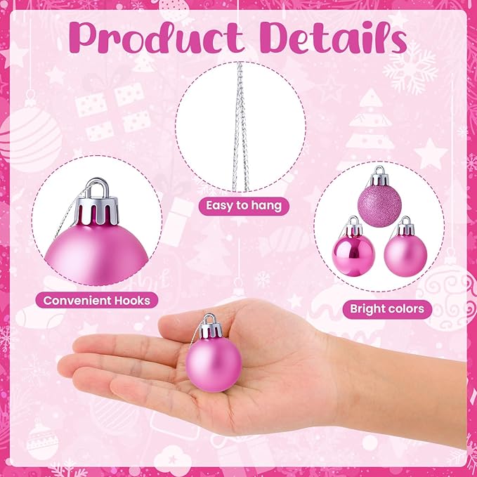24 Pack Mini Shatterproof Christmas Balls - Small Hanging Ornaments for Trees Christmas Party Decorations, 1.2 Inch (Pink)