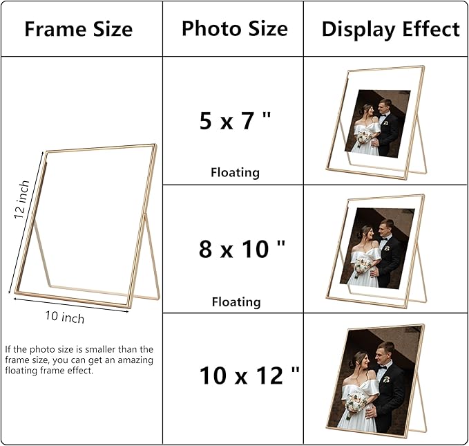 Gold 10x12" Floating Frame for Picture(5x7'',7x9'',8x10''),Adjustable Tabletop/Shelf floating picture frame 8x10'',Classy Gift Choice for Wedding,Thanksgiving,Christmas,Home or Office Decor