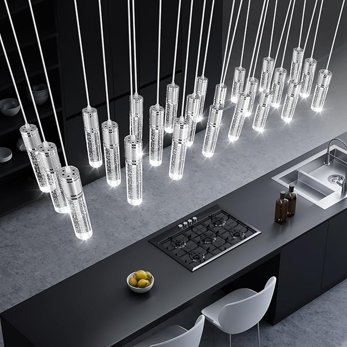 24-Lights Modern Crystal Chandeliers LED Pendant Light for Kitchen Island Dining Room Entrance Foyer Living Room Silver