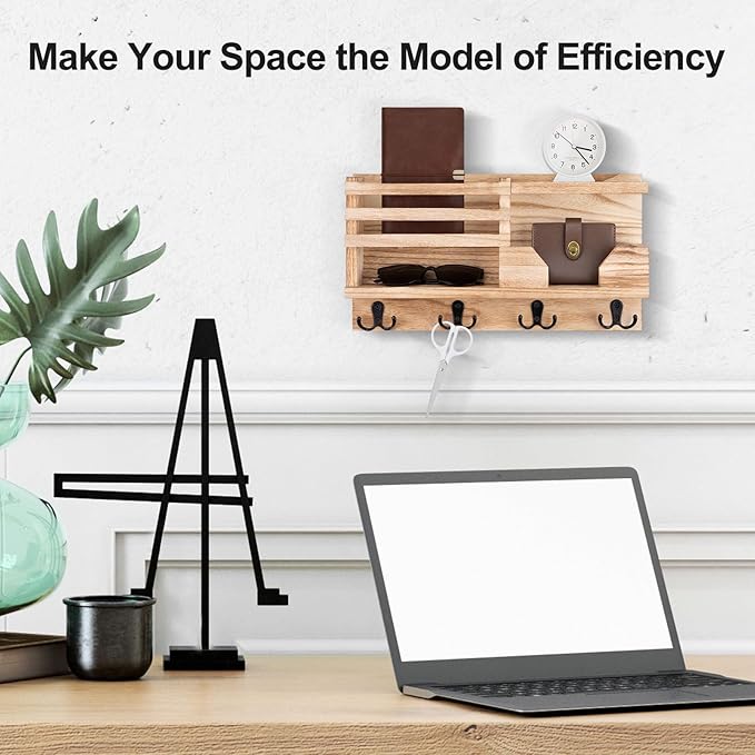 Mail and Key Holder for Wall – Decorative 15.9” x 8.7” x 3.2” Entryway Organizer with Shelf – Paulownia Wood with 4 Dual Hooks Includes Mounting Hardware and Installation Guide (Wood)