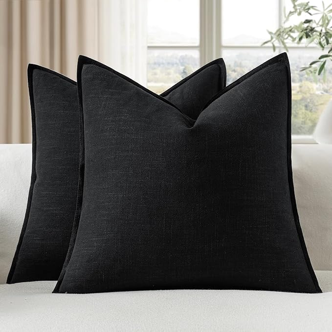 EMEMA Decorative Linen Throw Pillow Covers 22x22 Inch Black Boho Farmhouse Neutral Couch Throw Pillows for Bed Pack of 2 Accent Pillowcase Modern Sofa Cushion Livingroom Home