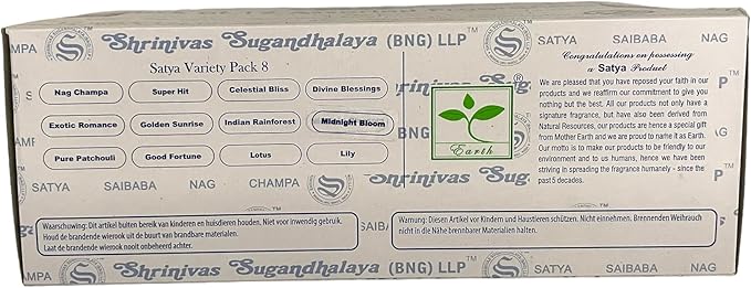 Satya Bangalore (BNG) Set of 12 NagChampa SuperHit CelestialBliss DivineBlessings ExoticRomance GoldenSunrise IndianRainforest MidnightBloom PurePatchouili GoodFortune Lotus Lily, VarietyPack08