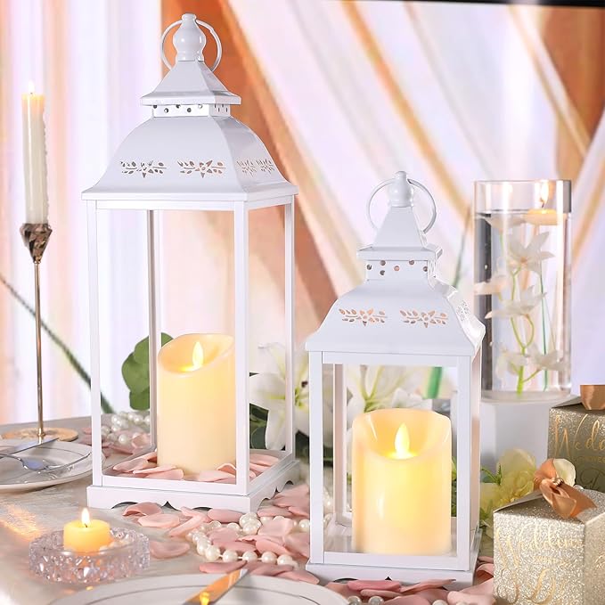 2 Pack Lanterns Decorative Indoor, White Farmhouse Outdoor Lantern for Porch, 17'' 12'' Floor Lantern Decor (no Glass) with 2PCS LED Flameless Candles for Wedding Home Table Front Door
