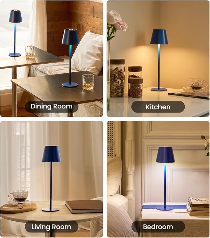3 Pack Cordless Table Lamp, Portable Battery Operated Lamp with 3 Color Temps and Stepless Dimming, Rechargeable Table Lamp for Dinner, Desk, Cafe, Outdoor (Navy Blue)