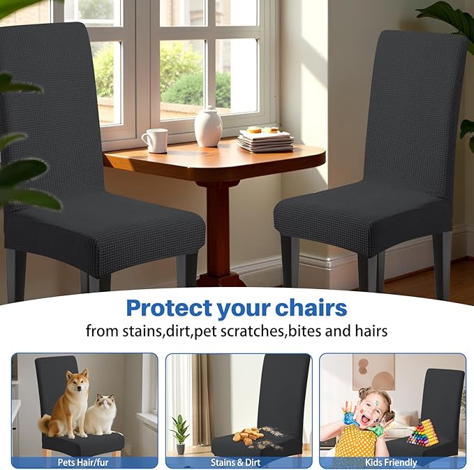 Dioxide Stretch Chair Covers for Dining Chairs, Washable Dining Chair Covers Set of 6, Soft Kitchen Chairs Seat Covers, Jacquard Parson Chair Slipcover Protectors for Home Hotel Restaurant Banquet