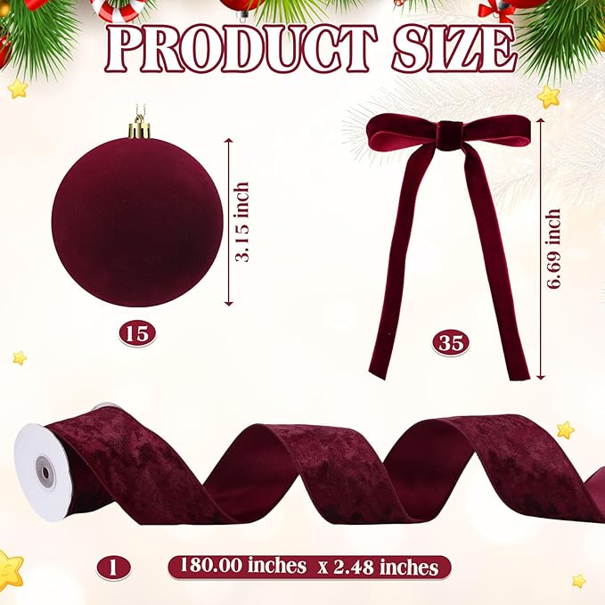 Syhood 46 Pcs Velvet Christmas Ornaments 3.15 Inch Large Christmas Balls Flocked Bows Velvet Ribbon Burgundy Xmas Tree Ornaments Decorations for Xmas Holiday Decor