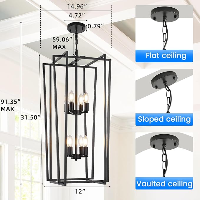 8-Light Tiered Lantern Pendant Light Fixtures,Large Foyer Chandeliers for High Ceilings,Industrial Foyer Lighting Fixtures,Long Chandeliers for High Ceilings,Farmhouse Chandelier for Entryway, Black