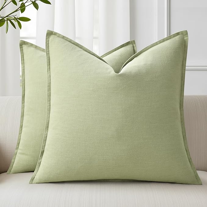 decorUhome Christmas Decorative Linen Throw Pillow Covers 20x20 Inch Set of 2 Sage Green Soft Pillow Covers with Flange Edges Soft Farmhouse Boho Accent Pillow Cases for Couch Sofa Bed Living Room