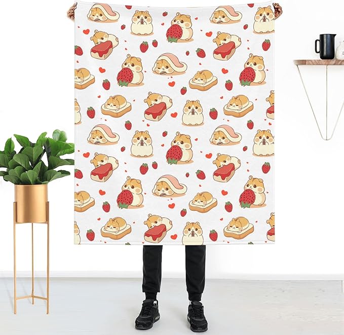 Hamster Strawberry Throw Blanket Soft Plush Fleece Blankets Warm Cozy Lightweight Fuzzy Blanket for Bed Sofa Couch Home Decor 60"X50"