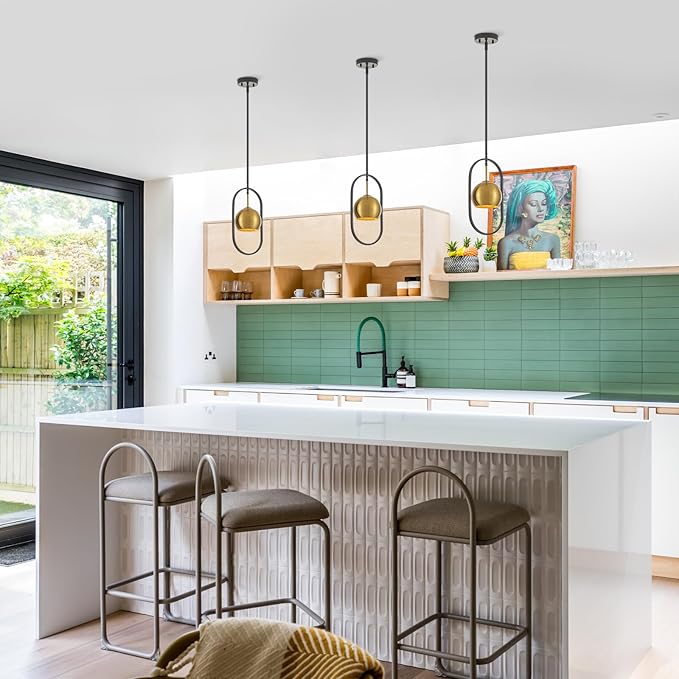 1 - Light Single Small Globe Pendant Light with Brass Finish Metal Shade, Modern Pendant Light Kitchen Island, Small Hanging Light Fixture entryway