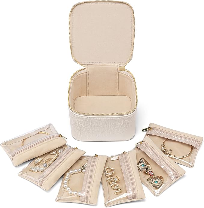 Vlando Travel Jewelry Case,Valentines Gifts,Small Jewelry Box Organizer,Travel Jewelry Storage with 6 Velvet Jewelry Zipper Pockets, Birthday Gifts for Women Girls (White)