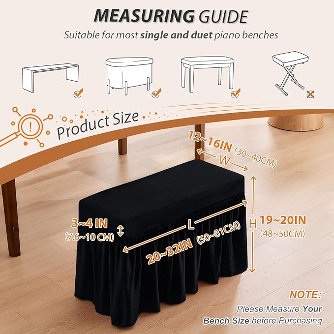 NICEEC Spandex Stretch Piano Bench Cover with Skirt Removable Ottoman Cover Rectangular Washable Stool Slipcover for Duet Piano Bench Seat Cushion Protector(Black)