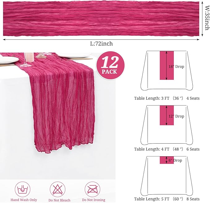 12 Pack Hot Pink Cheesecloth Table Runner, Gauze Boho Long Cheesecloth Table Runner 35x70inch Rustic Table Runners for Wedding Party Bridal Shower Banquet Easter Table Decorations