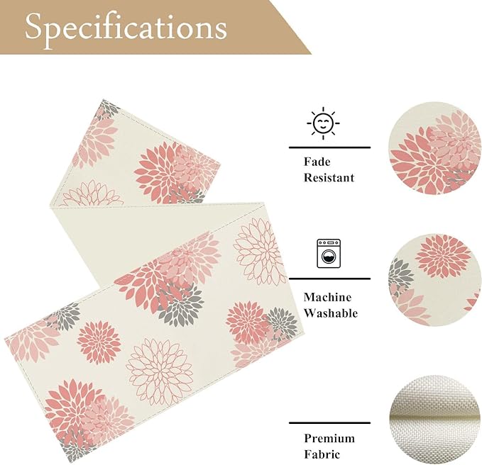 Pink Gray Table Runner Dahlia Pinnata Flower Beige Table Runners Modern Elegant Pompon Farmhouse Geometric Table Center Decor for Girls Room Dining Party Patio (13 x 48 Inch)
