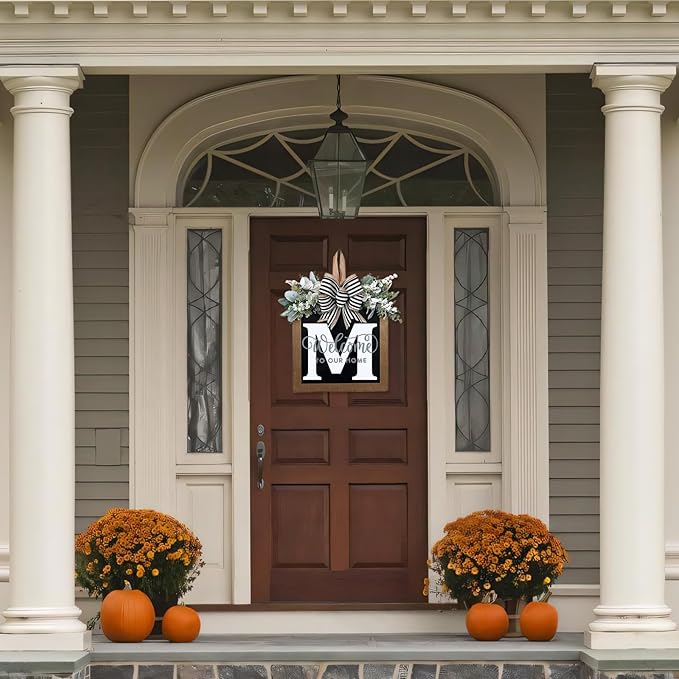 Ultra Large 14'' Last Name All Year Round Front Door Wreath with 26 Initial Letter Welcome Sign All Seasons Eucalyptus Garland and Bow Wreaths for Front Door Porch Farmhouse Decoration (M)