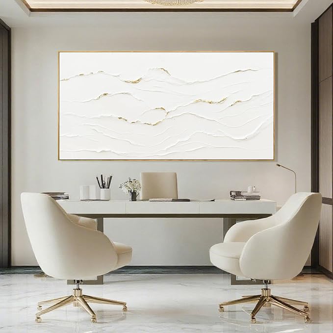 WINKAILIN Minimalist White and Gold Line Artwork with Frame Hand Painted Abstract Canvas Wave Wall Art for Bedroom Living Room Office 24"x48"