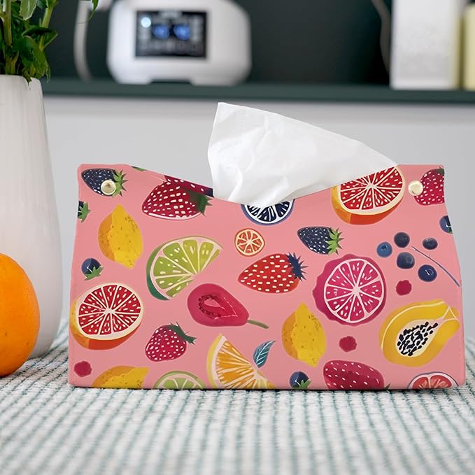 Pink Cute Fruit Tissue Box Cover Rectangle,Pink Cottagecore Strawberry Toilet Paper Box Holder,Leather Decorative Facial Paper Case for Living Room Bathroom Kitchen Office Desk,9.8x5.9x5.9In