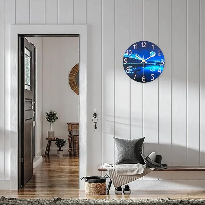 Big Wall Clocks Battery Operated 16 Inches or Larger Glass Moon Clock for Kitchen Blue Wall Clock Non Ticking