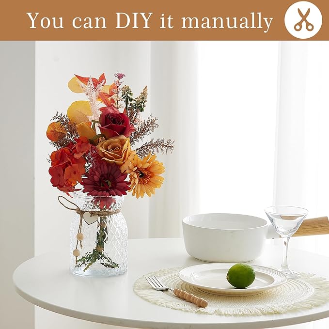 Fake Flowers with Vase Combo Orange Flowers Mix Silk Artificial Flower Gerbera, Fake Plastic Flower Bulk Decoration, Faux flower for DIY Wedding Bridal Bouquets, Floral Arrangement, Table Centerpieces