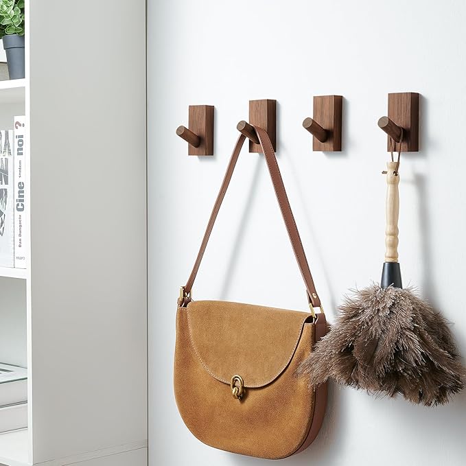 Natural Wooden Wall Hooks, Adhesive & Screw Mount Coat and Towel Hooks - Decorative Key Holder, Hat Rack, Stocking Wall Hangers for Bathroom Entryway Closet - 6 Pack, Walnut Wood