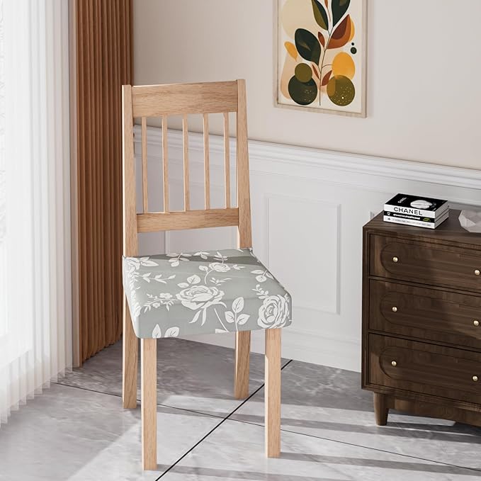 Stretch Dining Chair Seat Covers Set of 6,Dining Chair Slipcovers, Floral Printed Chair Covers,Soft Fabric Washable Upholstered Chair Seat Protector, No Rear Covers for Home Kitchen Dining Room