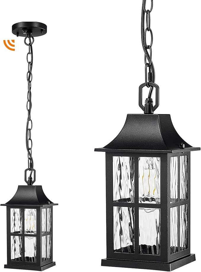 Emliviar Modern Outdoor Hanging Lantern with Dusk to Dawn Sensor, 10.6 Inch Pendant Lighting Fixture for Porch in Black Finish, Water Ripple Glass, YXE306H-PC BK-SW