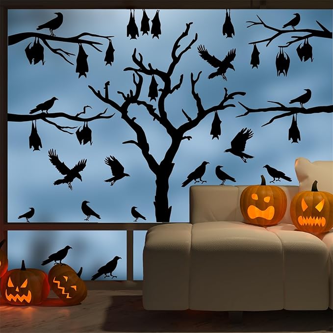 Large Halloween Window Stickers Halloween Tree Walls Decals Bats Stickers Black Bird Crow Decals Peel and Stick Halloweens Tree Branch Wall Art Sticker Halloweens Vinyl Decor for Party Supply Gift