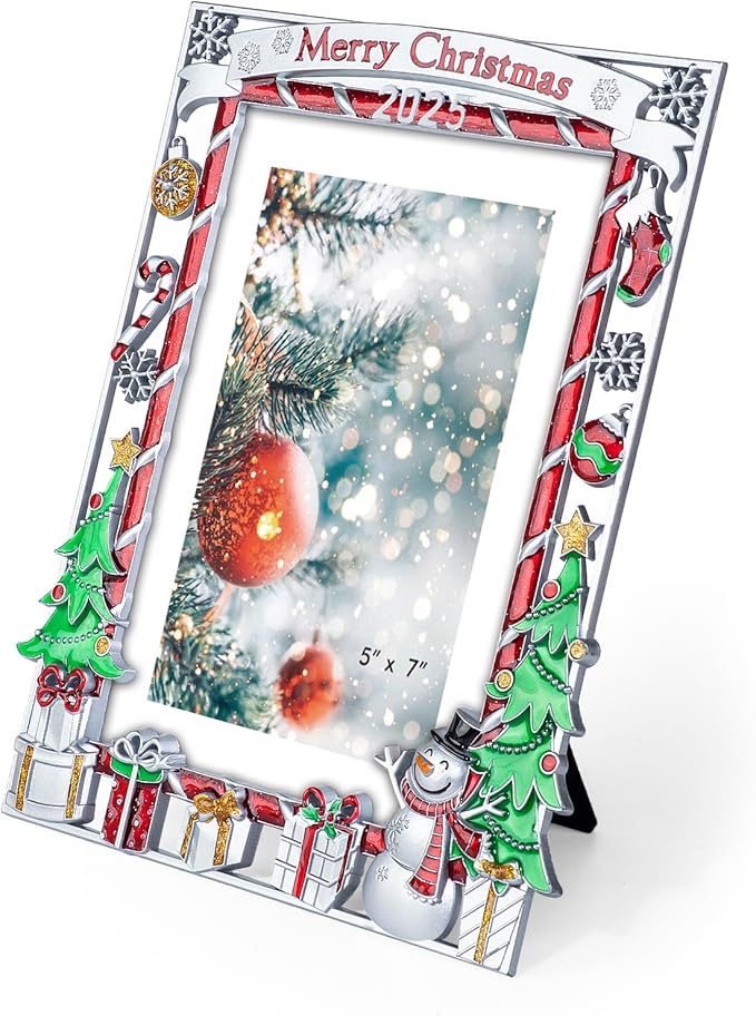 GUOER Picture Photo Frame 5x7 Inch Snowflake Christmas Metal Photo Display Photo Picture Frames with High Definition Glass Front Gift Ideas Tabletop Home Decorative (2025 Merry Christmas)