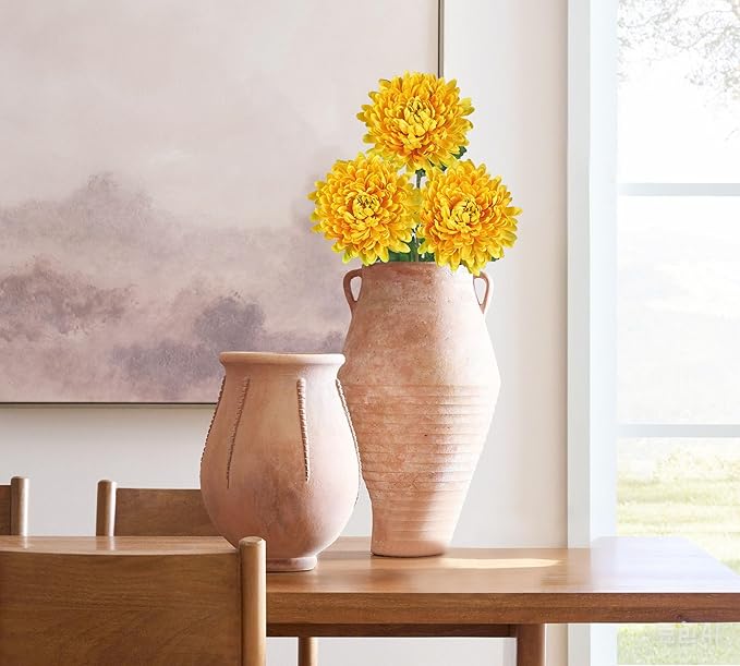Hollyone 3Pcs Fake Mums Flowers Yellow Artificial Chrysanthemum Flowers Silk 30" Long Stem Floral Arrangements Bouquets Faux Spider Mum Flower Pincushion Flower Bush Spring Home Decor