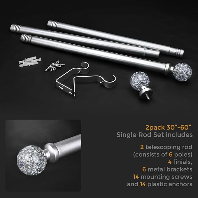 2 Pack Silver Curtain Rods for Windows 28 to 48 Inch, 1'' Heavy Duty Adjustable Drapery Rod with Unique Crystal Ball Finials, Modern Decorative Curtain Rod,Size; 30-60''
