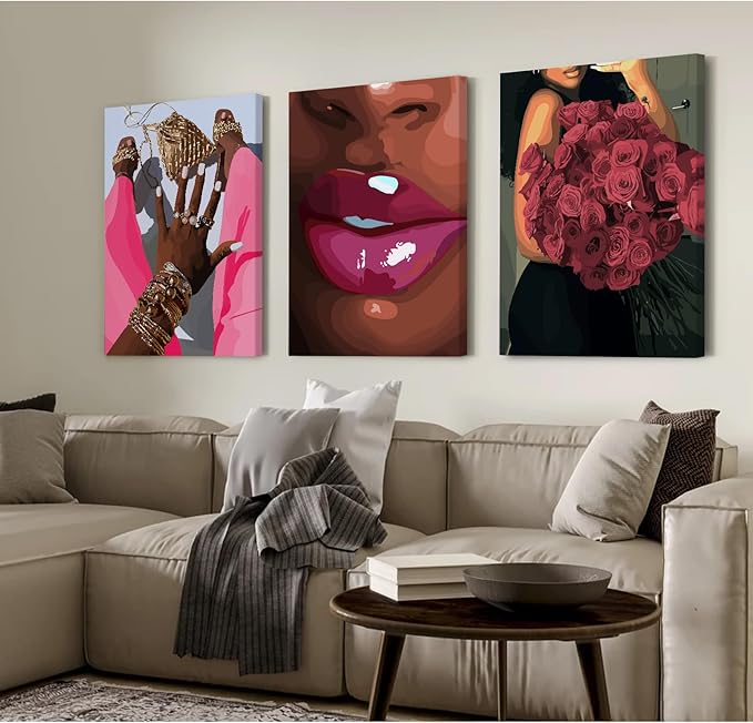 Black Girl Wall Art African Woman Canvas Wall Decor Pink Black Women People Art Fashion Poster African American Girl Picture Abstract Flower Painting for Bedroom Living Room 12x16x3 Inch Ready to Hang
