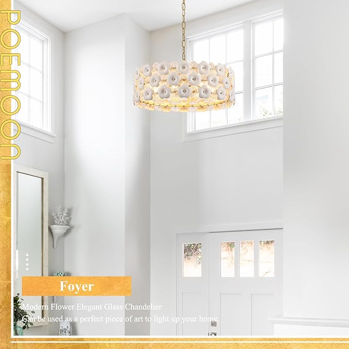 Modern 24" Flower Glass Chandelier Luxury Gold 8 Lights Ceiling Pendant Light Fixture for Living Dining Room Foyer Entryway Kitchen Bedroom, E12