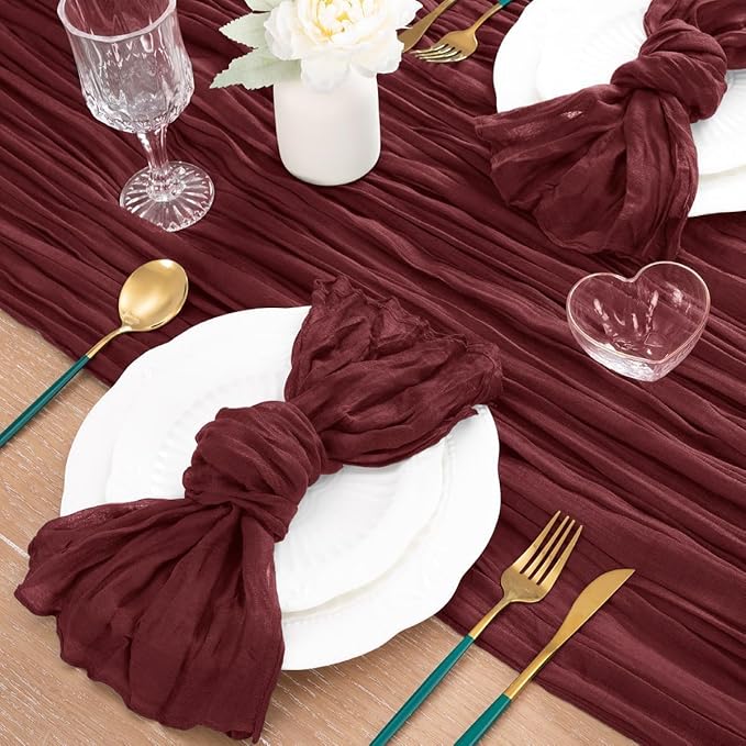 MLMC Burgundy Red Valentines Table Runner 10ft Wine Red Cheesecloth Table Runner Sheer Gauze Cheese Cloth Centerpiece 35x120 Inches for Wedding Bridal Shower Anniversary Valentine's Day Events Decor
