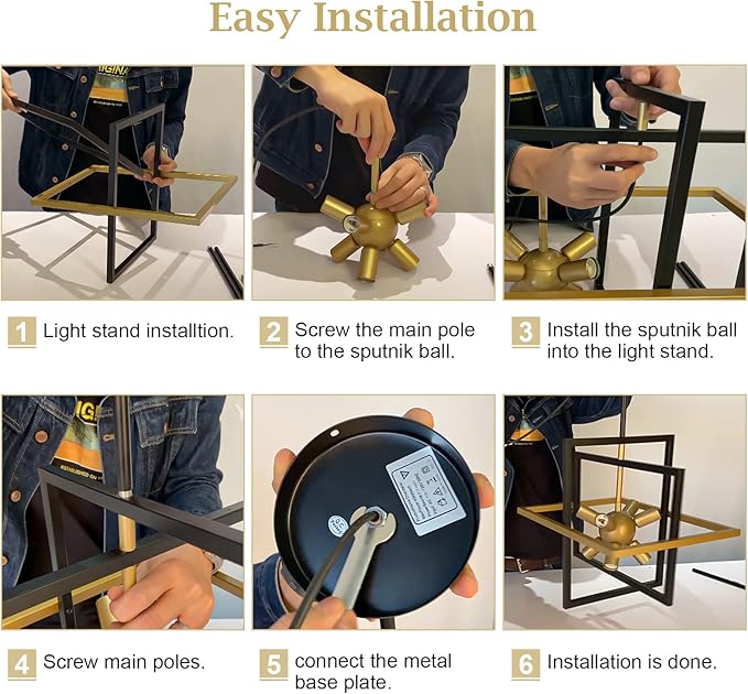 Small Black Gold Chandelier, Modern 8-Light Geometric Pendant Light Fixture, Industrial Square Hanging Chandelier for Dining Room, Kitchen Island, Foyer, Hallway