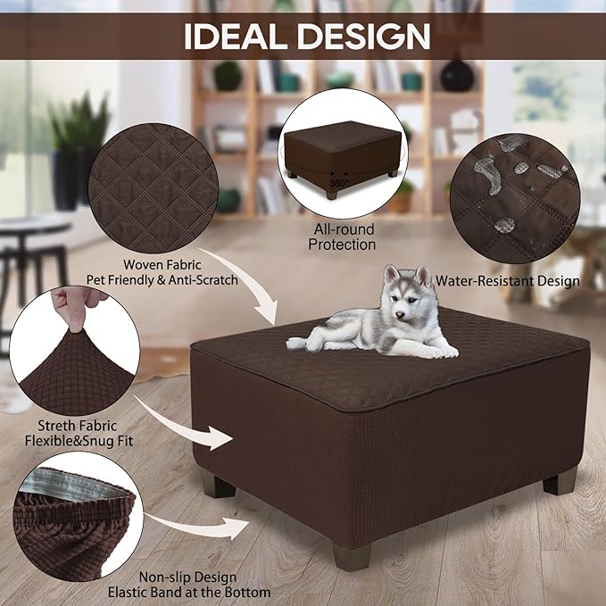 NeColorLife Ottoman Cover Rectangle Waterproof Ottoman Slipcover Rectangular Thick Storage Footrest Stool Covers Furniture Protector for Pets(Large,Chocolate&Dark Coffee)