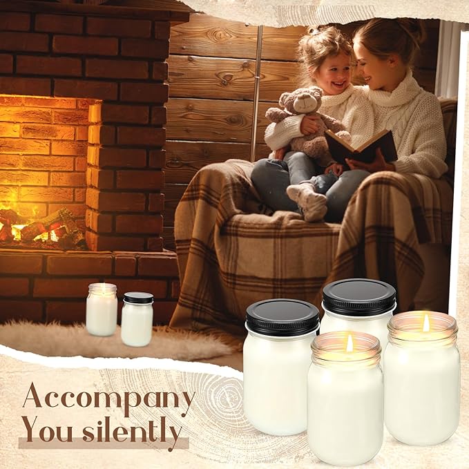 MTLEE 4 Pack 12 oz Mason Jar Soy Candle with Essential Oils Scented Soy Wax Candles for Home Valentine Christmas Wedding Birthday Gift Farmhouse Collection Baby Shower Party(Fireside Birch)