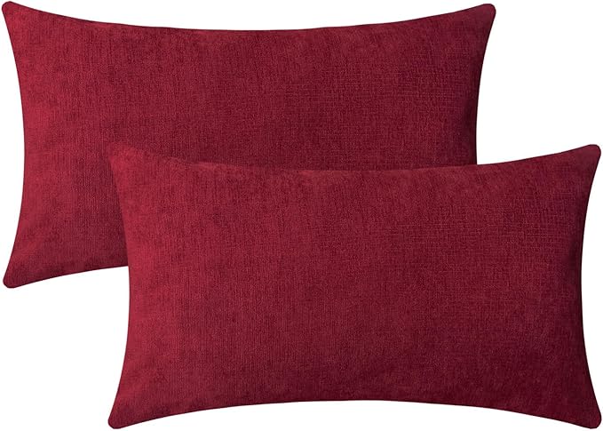 Santa Red Chenille Decorative Couch Lumbar Throw Pillow Covers, Soft Cushion Cases for Home Livingroom Sofa Décor, Pack of 2, 12 x 20 Inches