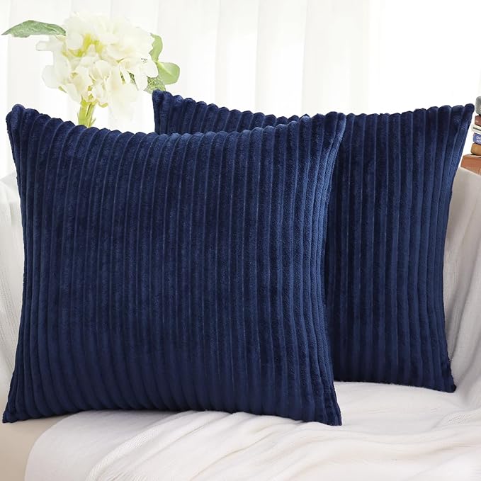 Simmore Decorative Christmas Throw Pillow Covers 18x18 Set of 2, Soft Natural Plush Flannel Double-Sided Fluffy Couch Pillow Covers for Sofa Living Room, Navy Blue