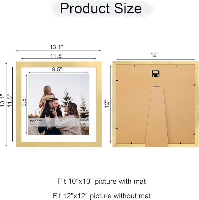 12x12 Picture Frame Set of 2, 12 x 12 Wood Photo Frames with Mat for 10x10 or 30x30cm Diamond Art Painting, Wooden Frame with Real Glass Cover for Wall and Tabletop Display,Gold