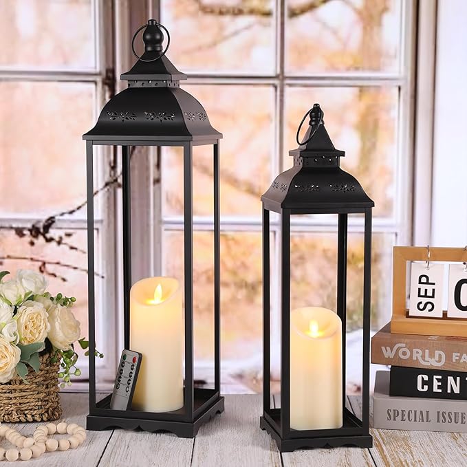 2 Pack Large Lanterns Decorative Indoor, Black Farmhouse Outdoor Lantern for Porch, Tall 22'' 17'' Lantern Decor (no Glass) with 2PCS Flameless Candles for Wedding Home Table Front Door