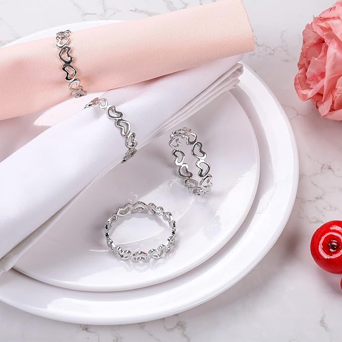 Silver Love Napkin Rings Set of 6, Valentine's Day Napkin Rings, Metal Heart Napkin Rings Holders for Valentine's Day, Mother's Day, Wedding, Anniversary Dinners, Parties Table Decoration